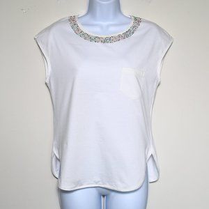 CHANEL - White 100% Cotton Sleeveless T-Shirt Top w/ Pocket - Women's Size 38